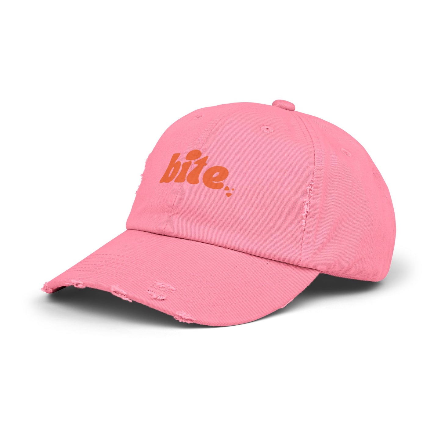 Distressed Cap with 'bite.' Design, Casual Fashion Accessory, Streetwear Style, Gift for Food Lovers, Summer Essential