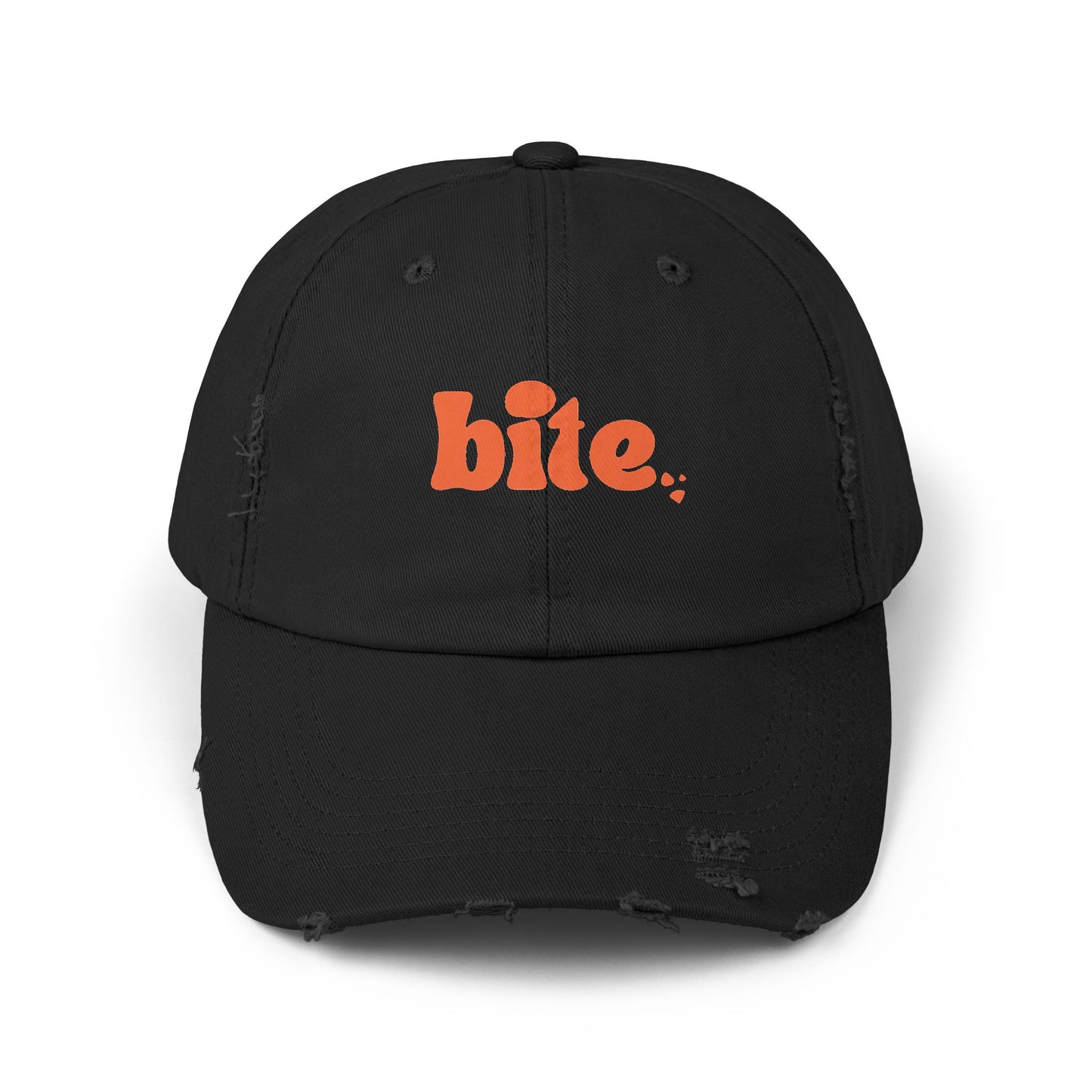 Distressed Cap with 'bite.' Design, Casual Fashion Accessory, Streetwear Style, Gift for Food Lovers, Summer Essential